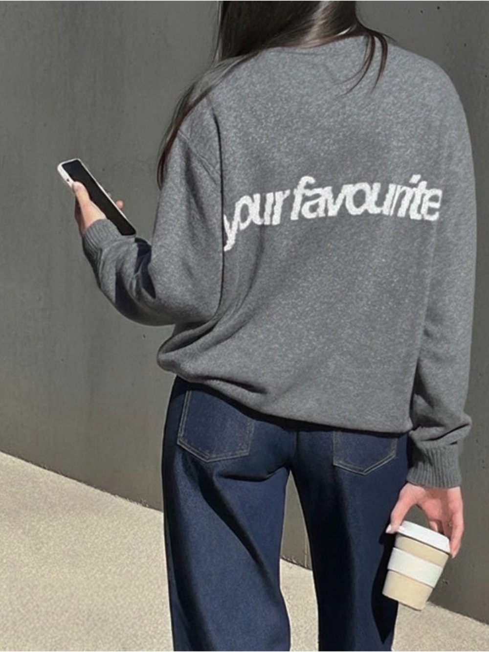 Subdued Grey Knit Pullover Sweater with 'your favourite' Text